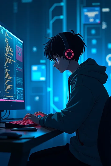 Anime Boy is coding infront of his computer wearing hoodie and headphone background is full of blue lights in night time