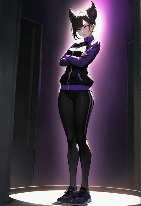 beautiful young fitness woman with , in a gym wearing May with black tights, white and purple fitted gym jacket. standing alone,hair horns,bright purple eyes,evil smile,black leggings purple aura,arms crossed eye shadow,full body
