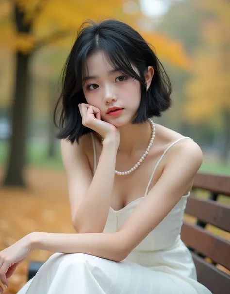 (8k, Photorealistic, Original photo, Highest quality: 1.4),Japanese idol-style beautiful girl,1,1 person,(Short Wolf Cut),(Black Hair),She has her hair tucked behind her ears,Clear grey eyes,Long eyelashes,(piercings(pearl)),(Lip gloss),lips(Plump,glossy),...