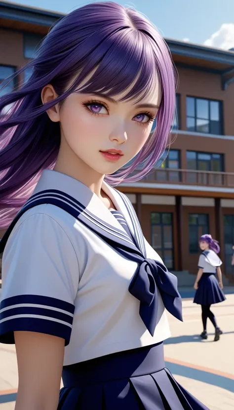 a girl with long purple hair, beautiful detailed eyes, beautiful detailed lips, extremely detailed face and portrait, 1girl, sailor uniform, short pleated skirt, dancing in front of a new school building, masterpiece, (best quality,4k,8k,highres,masterpiec...