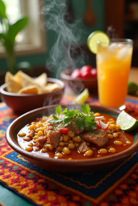 Mexican restaurant table with colorful tablecloth and a plate of pozole on the table with accompaniments, Tortillas, shall, refresco super detallada HD el plato de pozole sobreshalle 