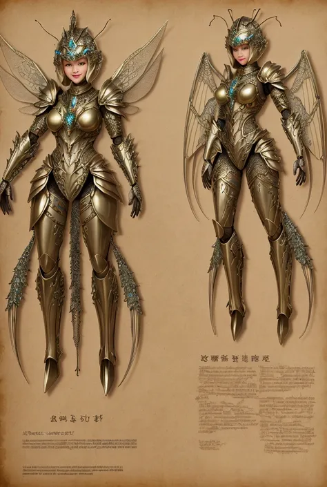 A magical young, beautiful & attractive girl, wearing praying mantis armor designs, with mesmerizing gazing eyes, full body details, with a enchanted Rivers background,Large breasts, praying mantis helmet,  pyrite Hair, Character Sheet Full-Length, Symmetr...