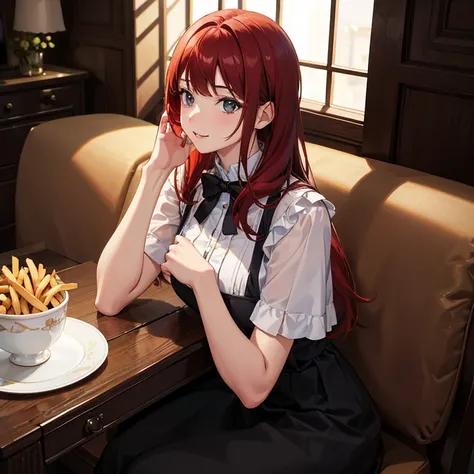 a girl sitting at a table, plate full of french fries, redhead girl, black eyes, stylish white dress, modesty, classical style, blue details, happy expression, interior of a house, (best quality,4k,8k,highres,masterpiece:1.2),ultra-detailed,(realistic,phot...