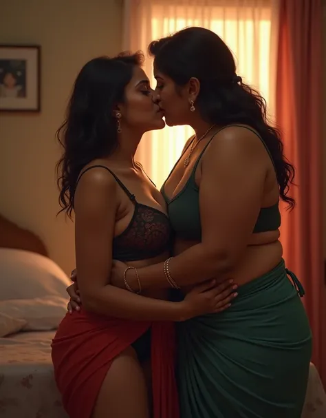 a 15years old boy and a beautiful gorgeous 45years old chubby indian woman wearing bra panty kissing each other, couple kissing, man grabbing a womans waist, mama i need wife, wide open wife mouth, mom, peasant boy and woman first kiss, romantic scene inro...