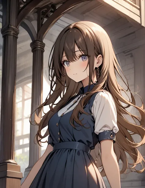 One girl, Long Hair, Brown Hair, Center Parting, Navy blue dress