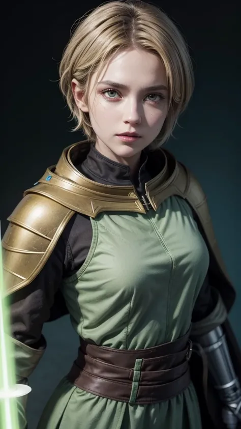 Create a create knight with light and dark brown robes. She is a female with green skin and yellow markings on her face. She weilds a blue lightsaber Short Hair, Simple background, Hair Ornament, 