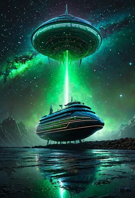 organic shaped futuristic reflective alien ship in the center of the image, the ship has bright cosmic lights. intricate details...