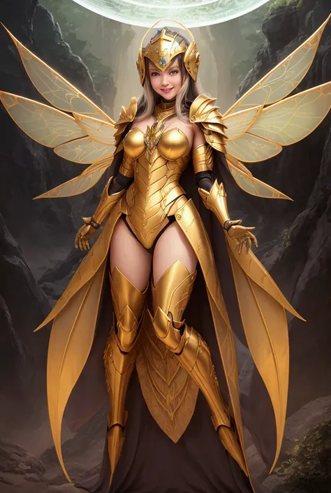 A magical young, beautiful & attractive girl, wearing praying mantis armor designs, with mesmerizing gazing eyes, full body details, with a enchanted Rivers background,Large breasts, praying mantis helmet,  pyrite Hair, Character Sheet Full-Length, Symmetr...