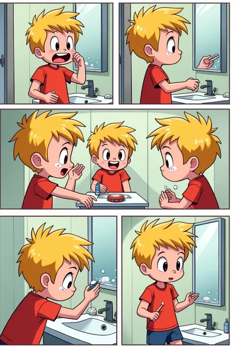 Create a comic-style morning routine. Elements are: Wash face, Brushing teeth, Comb hair, Apply cream to face. The character is supposed to be a blond boy in football coaching