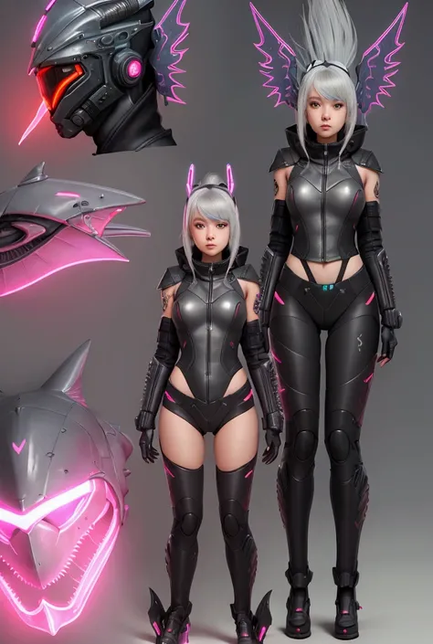 A beautiful & attractive very young girl wearing a cyberpunk armory designed like a shark, wearing a cyberpunk designed lobster helmet, with gaint illuminating wings, with shark fin & tails, full body viewing details, camel toe, gray hair, with illuminated...