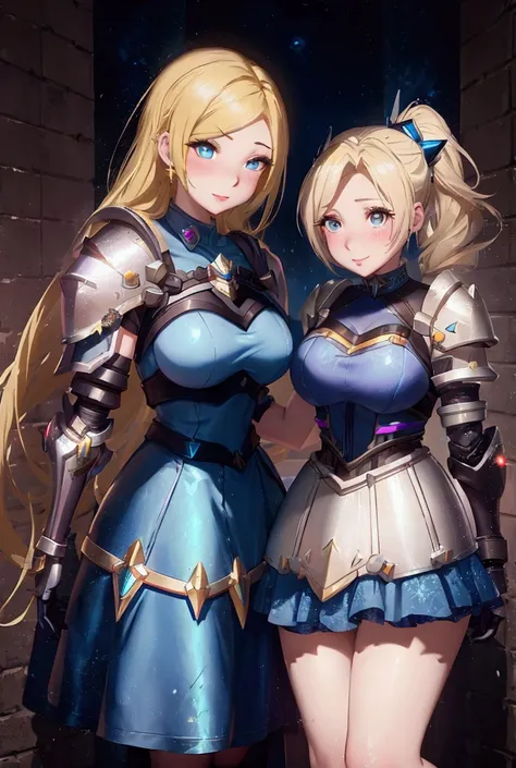 Two girls, League of Legends, Overwatch, Lux, Mercy, (((Lux costume league of legends))), (((armored blue dress))), ((Mercy costume overwatch))), (((overwatch mercy))), Mercy hairstyle, Lux hairstyle, Breasts, Blushing, Blonde hair, Blue eyes, Long hair, a...