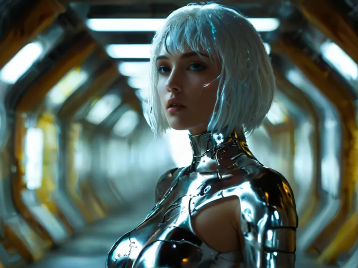 a woman in a bikini standing in a tunnel with a light, in a scifi movie, metal bikini, cyborg - girl with silver hair, seductive cyberpunk dark fantasy, cinematic goddess body shot, beutiful white girl cyborg, very futuristic, futuristic white-space-bikini...