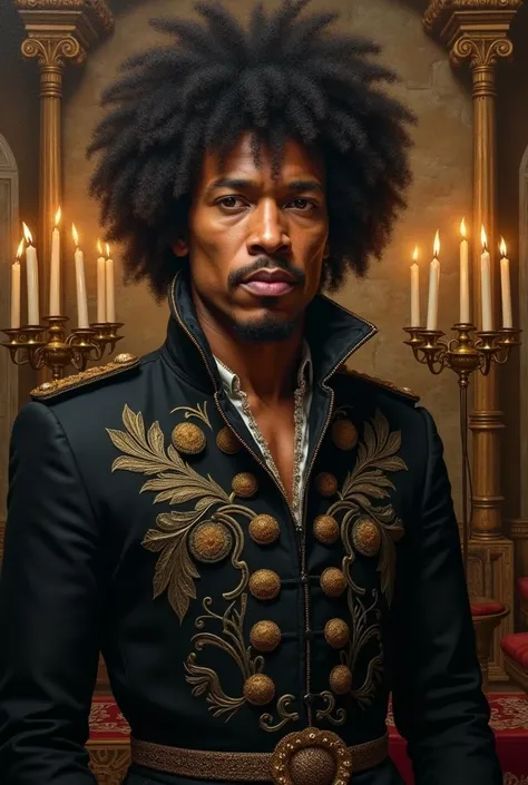 Create a Tudor-style painting of Jimi hendrix wearing his famous black hussard jacket, a serious look, as if he was in a castle, and it is true that it is a painting from those times