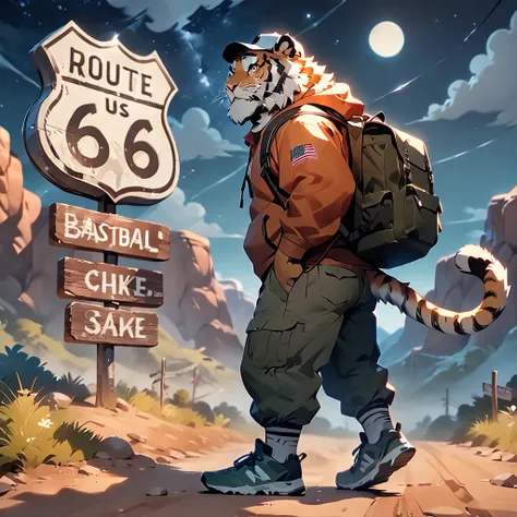 masterpiece, best quality, very aesthetic, absurdres, super fine illustration, BREAK [face:full body:10], looking away, from side, american country, backpacker, plump middle-aged tiger man, fluffy body, tail, brown eyes, beautiful beard, male face, big fac...