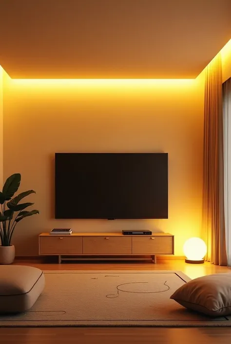 minimalist apartment living room with yellow light and a large TV