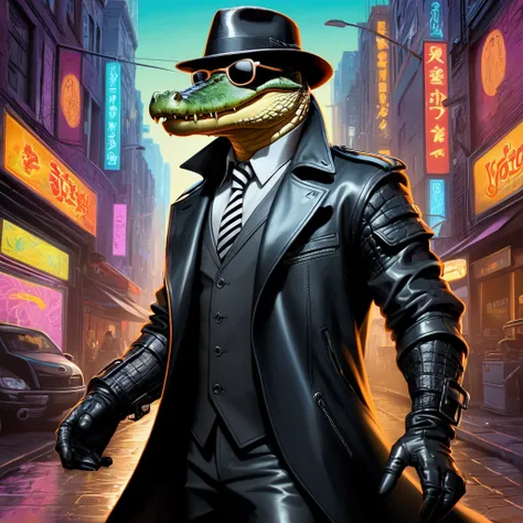 Closeup, An extremely badass anthropomorphic crocodile wearing an insanely cool black leather trench coat open, black fedora, black striped necktie, black leather biker gloves, black leather biker pants, black sunglasses, t-shirt design, vector illustratio...