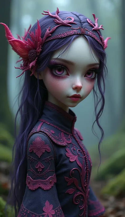 a small Plum humanoid, mysterious wonderland, wearing intricate clothes, mysterious forest, (best quality,4k,8k,highres,masterpiece:1.2),ultra-detailed,(realistic,photorealistic,photo-realistic:1.37),detailed eyes,detailed lips,extremely detailed face,long...