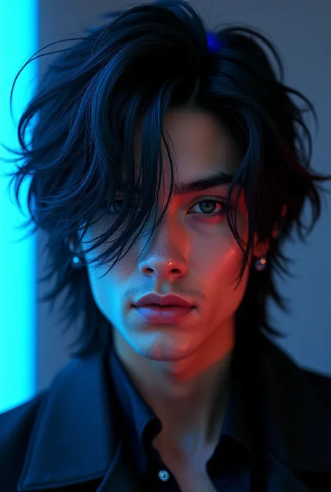 beautiful attractive popstar man with long, black hair, hair is styled thick over right side of his face, hair has blue tips and under layers, no facial hair