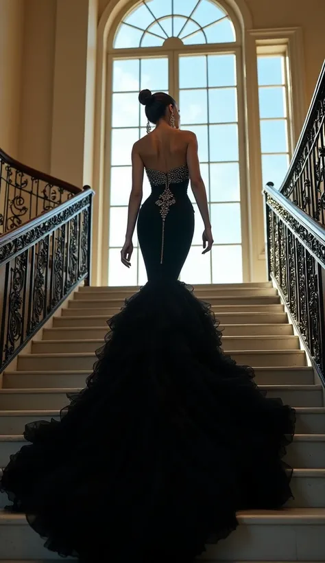 ((luxurious fashion photography:1.5)), a striking woman descends an elegant staircase, wearing a form-fitting, intricately beaded black mermaid gown that hugs her silhouette before cascading into voluminous, ruffled layers at the bottom. The gown features ...