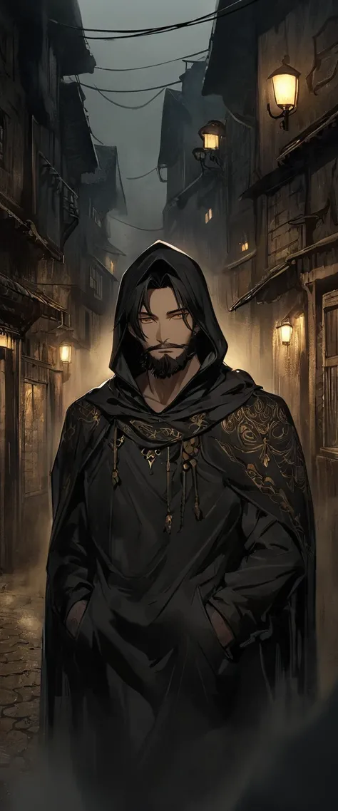 (((One person)))(((One person)))Anime Style。A black silk cape embroidered with gold patterns。Golden Eyes。An empty alley in the fog。A skinny young man with a thin face and beard is standing with his hands in his pockets。smile。Shaggy black medium length hair...