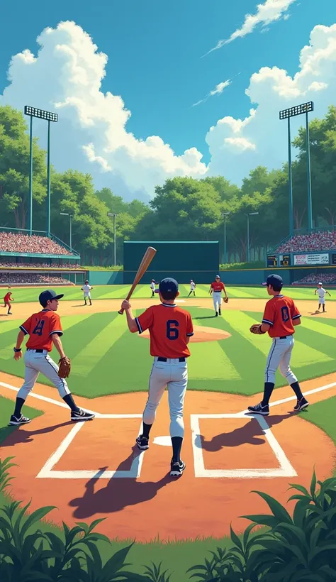 Based on the following sources、Please draw a picture of several high school boys spending their summers with their friends.。
Please draw a picture of a boy practicing hard with his friends to improve his baseball skills.。

#Source Today passes by as well, ...