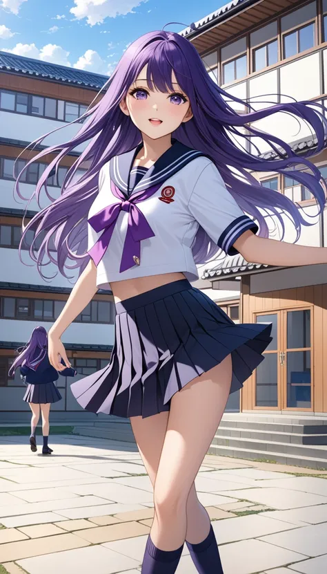 masterpiece、best quality、One girl、Japanese、Purple long hair、Sailor suit（winter）、Short black pleated skirt、Dancing in front of the school building