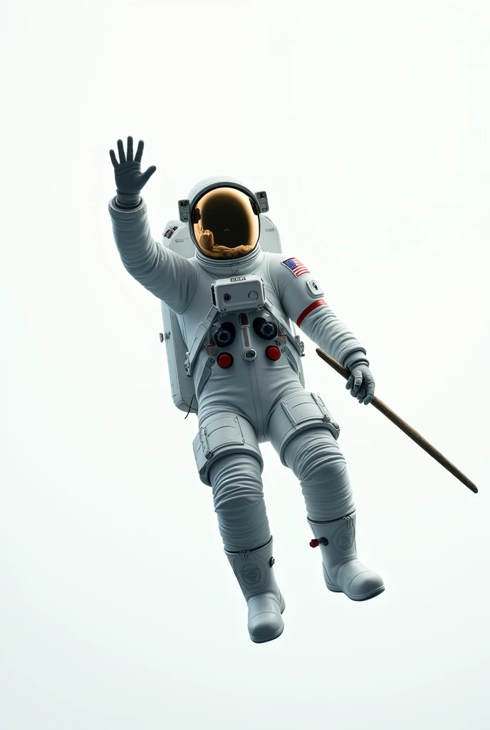 One Astronauts raising hand holding a stick in space bt the background is white facing towards camera floating in in space