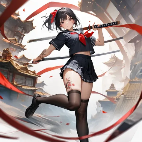 High resolution, masterpiece, 最高quality, Winner of numerous awards, detail, 高いdetail, High-resolution model, quality, 高quality, Very detailed, Ultra high definition, Japanese swords in both hands、Ponytail, red ribbon, tattoo stickers on both arms and legs,...