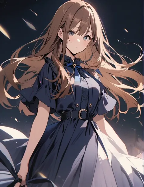 One girl, Long Hair, Brown Hair, (Center Parting), Navy blue dress