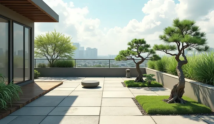 Small rooftop garden, Japanese style, meditation, taking advantage of narrow space to arrange walkways and small seats, airy bonsai, gentle atmosphere