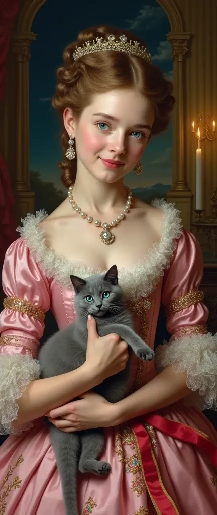 Front view , looking at viewer ,Full-body,  hold cat, (Russian Blue cat, blue eye, shot hair), French  girl, Her name is Jeanne-Antoinette Poisson
Madame de Pompadour, 24-age, (Light brown hair, both side curl hair , blue eyes, beautiful lip, smile), (Pear...