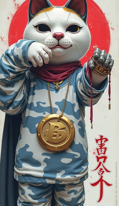 Face portrait, Image of a villian who is A striking illustration of Japans Maneki Neko, with one paw raised, covering its face in a mysterious pose. Its fingers are slightly spread apart, revealing its intense gaze. The fingers are adorned with intricate, ...