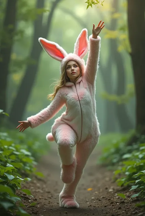 beautiful European women in a stunning detailed bunny fursuit outfit. She is reaching upward as if trying to touch something above her, one foot slightly off the ground. The pose conveys aspiration and lightness.. 8k Octane, looking at the viewer, in a for...