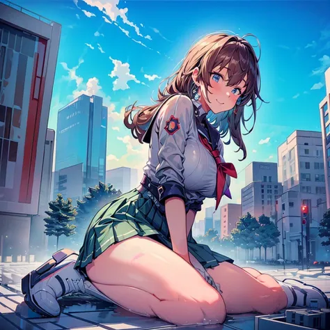 Composition seen from below Blue sky, thunderclouds, sunlight, masterpiece Delicate anime style painting 4K 90s Giant Girl, Female Titan Multiple crowds Big city crowd Many people ((Giant girl sitting in the valley of a skyscraper) High school student)) Bi...