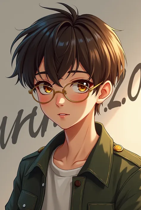 Realistic boy character, three side haircut, written (armY_2.0) in background, handing outfit normal picture, age 15, golden specs,