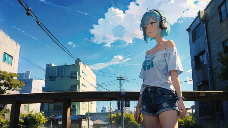 (masterpiece:1.2, Best Quality), Buildings, City Daytime, Tokyo, Woman gazing at the sky, light blueの空, Silver bob cut, Electric pole, greenい空, Angle from below, How to take a shot from below, Headphones, Black T-shirt, Off the shoulder, Denim shorts, City...