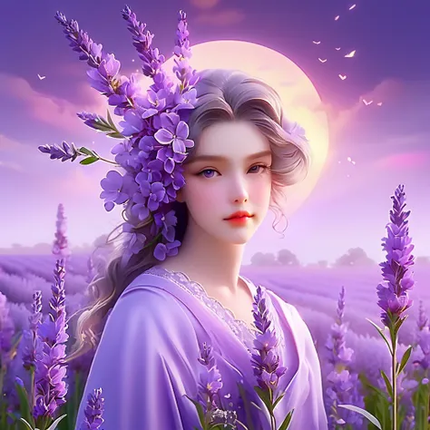 ((Best quality, 8 k, masterpiece: 1.3)), Lavender flowers are in a field with a sunset in the background, Lavender flowers, Lavender, Lavender plants, soft purple glow, Lavender blush, lilac sunrays, Soft flowers, purple flowers, soft lilac skies, purple t...