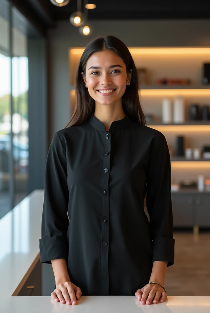 Lady Front office staff  in mobile store wearing black kurti standing