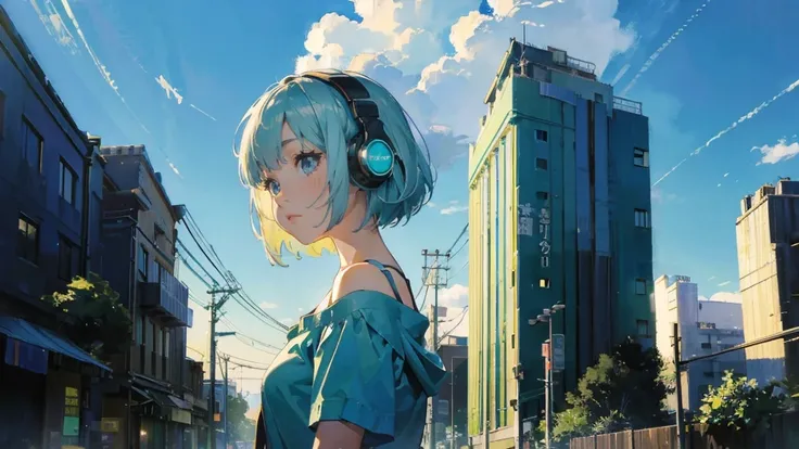 (masterpiece:1.2, Best Quality), Buildings, City Daytime, Tokyo, Woman gazing at the sky, light blueの空, Silver bob cut, Electric pole, greenい空, Angle from below, How to take a shot from below, Headphones, Black T-shirt, Off the shoulder, Denim shorts, City...