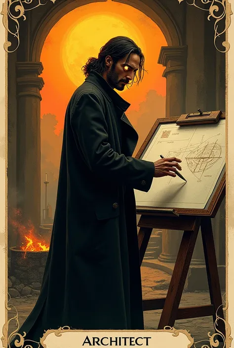 A tarot card numbered XXV and titled The Architect, Full body portrait drawing of Keanu Reeves as an architect with glowing eyes wearing a black trench coat while designing on a drawing board, the sun and a forge behind a fiery background