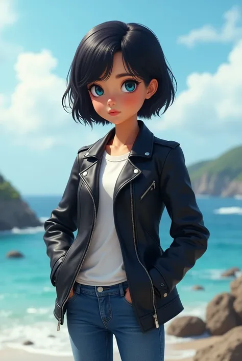 1 young beautiful girl,15 y.o., short black hair, blue eyes, ((tan skin)), leather black jacket, white shirt, blue jeans, standing, seashore, serious expression, looking into distance