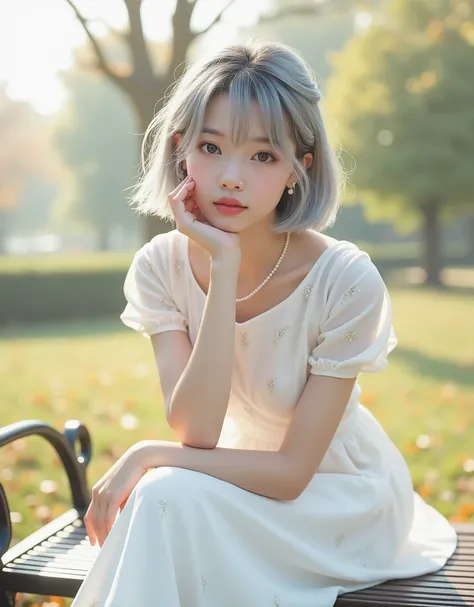 (8k, Photorealistic, Original photo, Highest quality: 1.4),Japanese idol-style beautiful girl,1,1 person,(Short Bob),(Silver Hair),She has her hair tucked behind her ears,Clear grey eyes,Long eyelashes,(piercings(pearl)),(Lip gloss),lips(Plump,glossy),Tran...