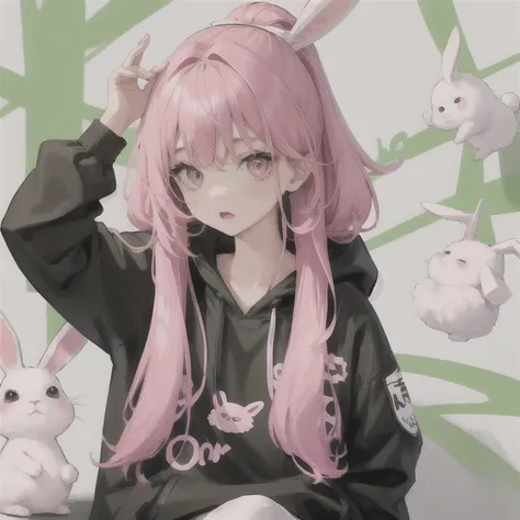 1girl, Hair, Pink, Eyes, Green, Bunny