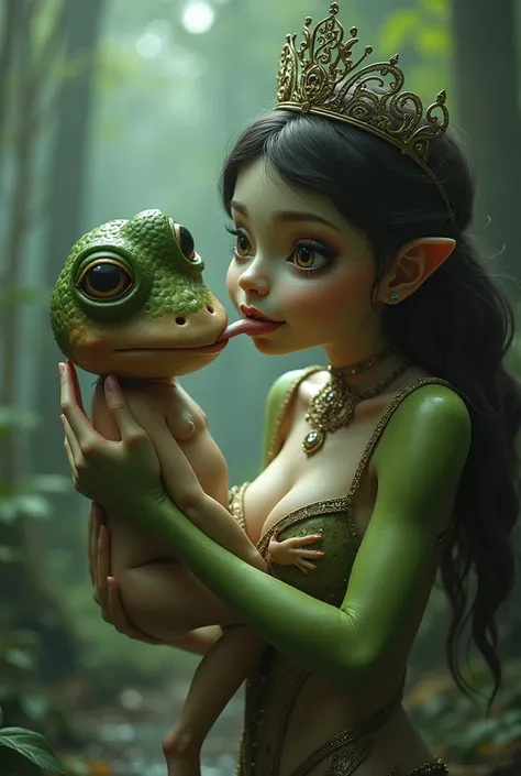 After kissing a frog in hopes of finding a prince, the princess has become a human-frog hybrid. She uses her new extra long frog tongue to catch a tiny sexy fleeing fairy with a thin waist, voluptuous chest, and plunging neckline. Breasts, Large breasts, O...