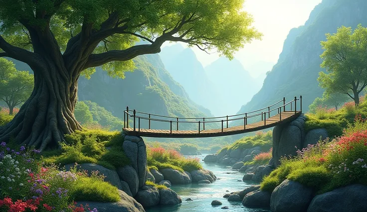 Create a serene mountain garden scene with large old trees and blooming flowers. A wooden suspension bridge stretches across a lush valley with a crystal-clear stream below. Sunlight filters through the leaves, creating a shimmering pattern of light and sh...