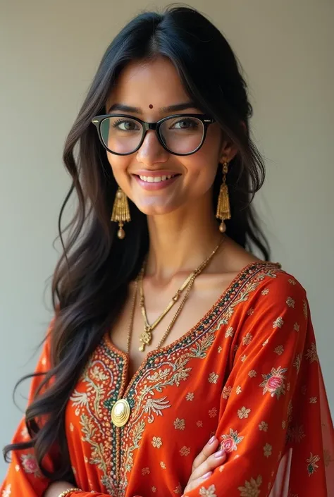 a realistic image of a Indian girl wearing a sharee dress and glasses in her  mid 20s wolf cut hair full body images, smile 