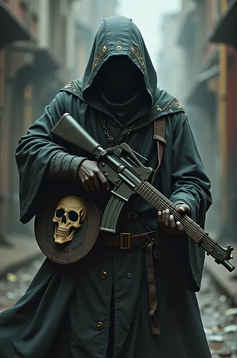 The hero uses a gun, carries a skull-patterned guitar case and wears a hoodie.