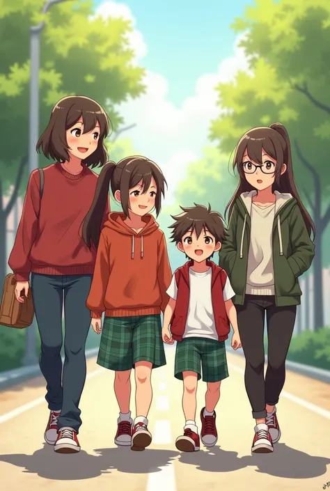 Anime boy in Green Plaid Shorts and a white Short Sleeve shirt with a red sweater vest with his 2 older teenage sisters wearing  hoodies and black pants and there mother in red sweater as they walk the boy to school 