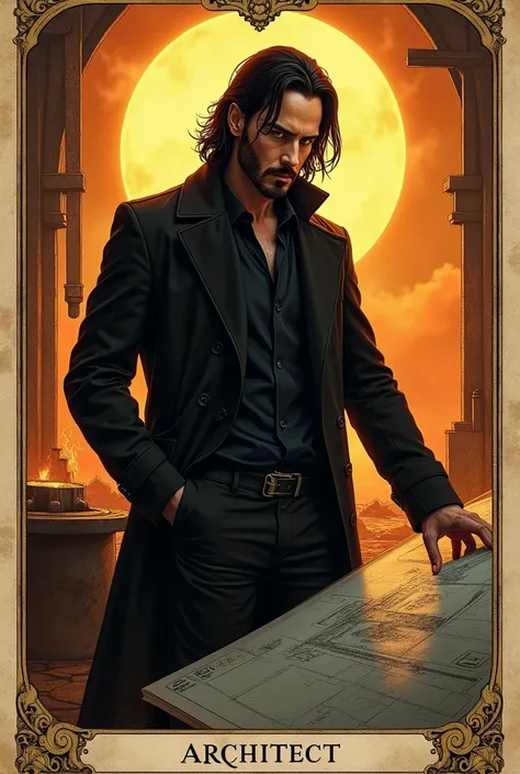 A tarot card numbered XXV and titled The Architect, Full body portrait drawing of Keanu Reeves as an architect with glowing eyes wearing a black trench coat while designing on a drawing board, the sun and a forge behind a fiery background