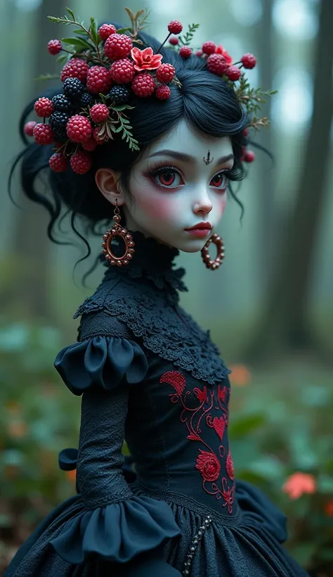 a small Blackberry humanoid, mysterious wonderland, wearing intricate clothes, mysterious forest, (best quality,4k,8k,highres,masterpiece:1.2),ultra-detailed,(realistic,photorealistic,photo-realistic:1.37),detailed eyes,detailed lips,extremely detailed fac...